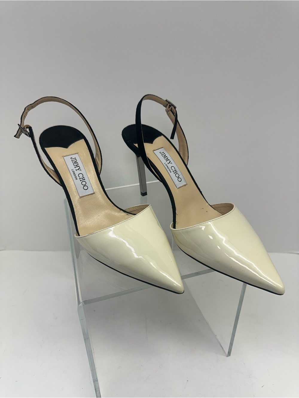 Jimmy Choo Cream Patent Leather Pointed Slingback Pumps